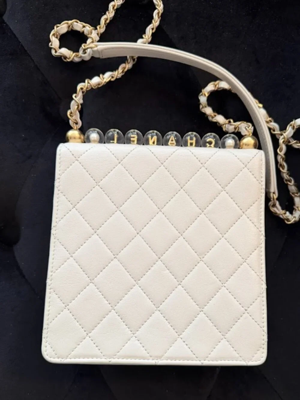 Chanel R2649 White Lambskin Mini Flap Bag Quilted Gold CC Chain Top Handle Rare